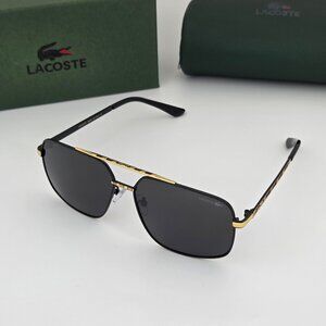 Lacoste Polarized Metal Aviator Sunglasses Black-Gold Frame Smoke Lens LC13